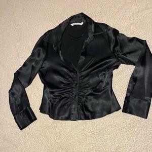 L - Zara Black Satin Ruched V neck Button Down Blouse